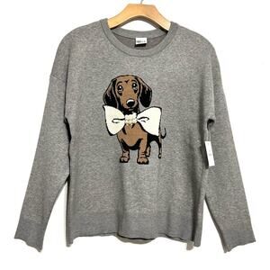 Nikka K graphic novelty gray sweater Dachshund Dog Bow Pearl Christmas NEW sz L